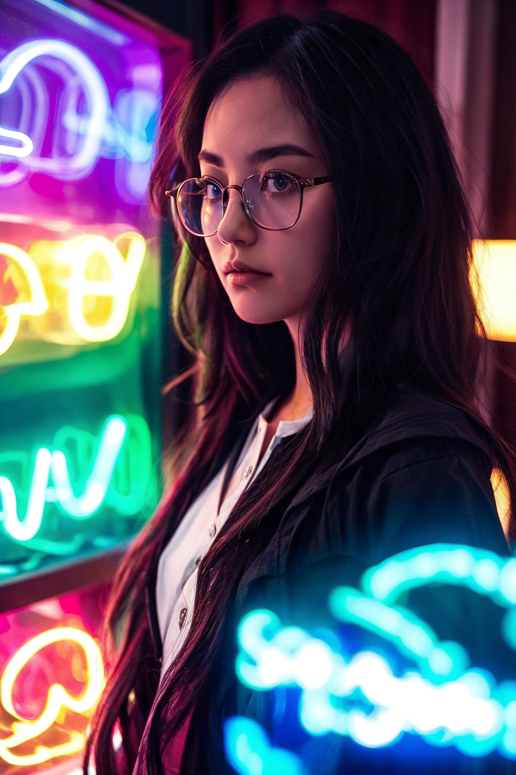 00141-1511093271-_lora_nhsheying-000009_0.6_,nhsheying,1girl,solo,glasses,black hair,long hair,close-up,lamp,looking at viewer,windbreak,.png